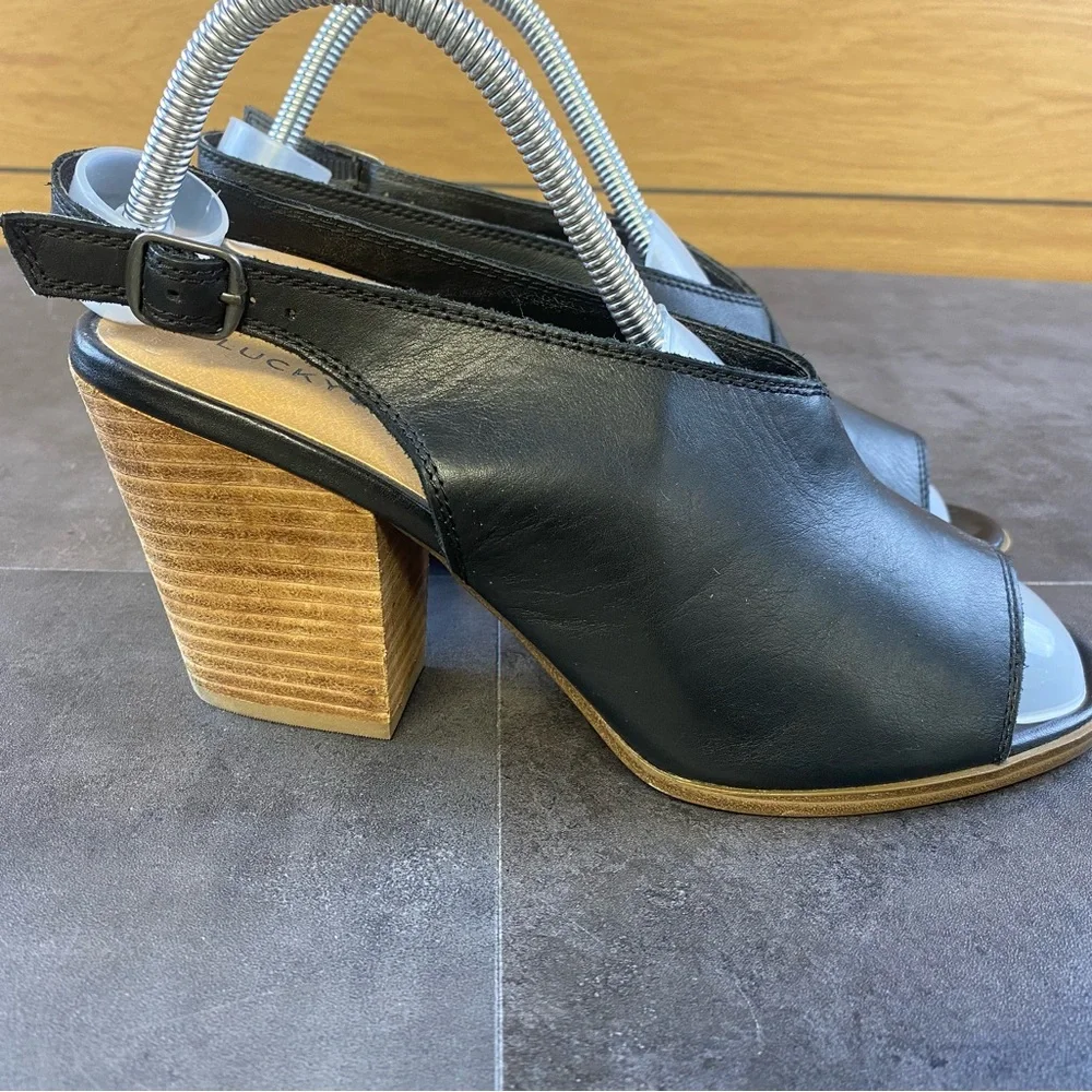 Lucky Brand Black Leather Block Heal Open Toe Sandal Size 10 - Picture 4 of 10